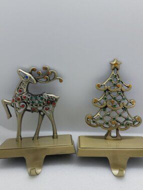 2 Christmas Brass - Tone Metal Stocking Holder Reindeer Tree